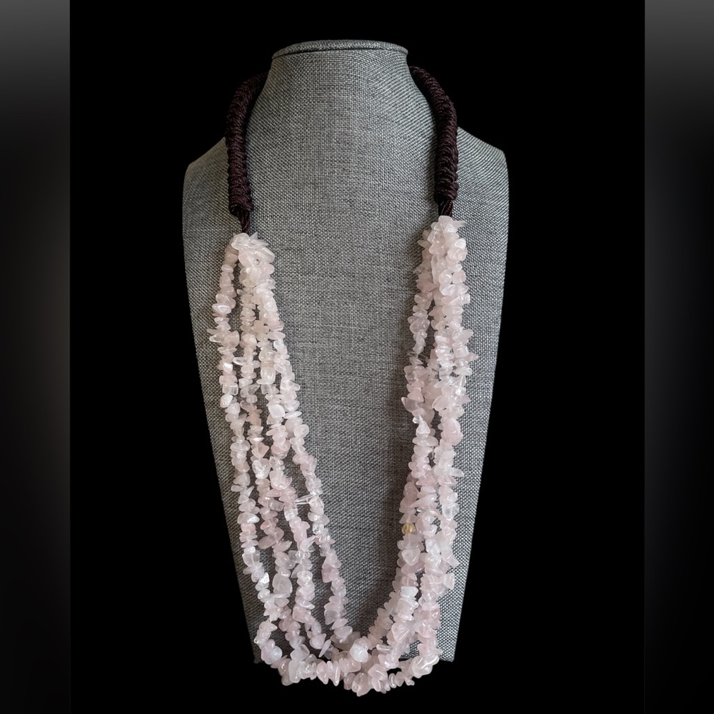 Estate Find Vintage Rose Quartz Chip 4 Strand Pullover Braided Necklace
